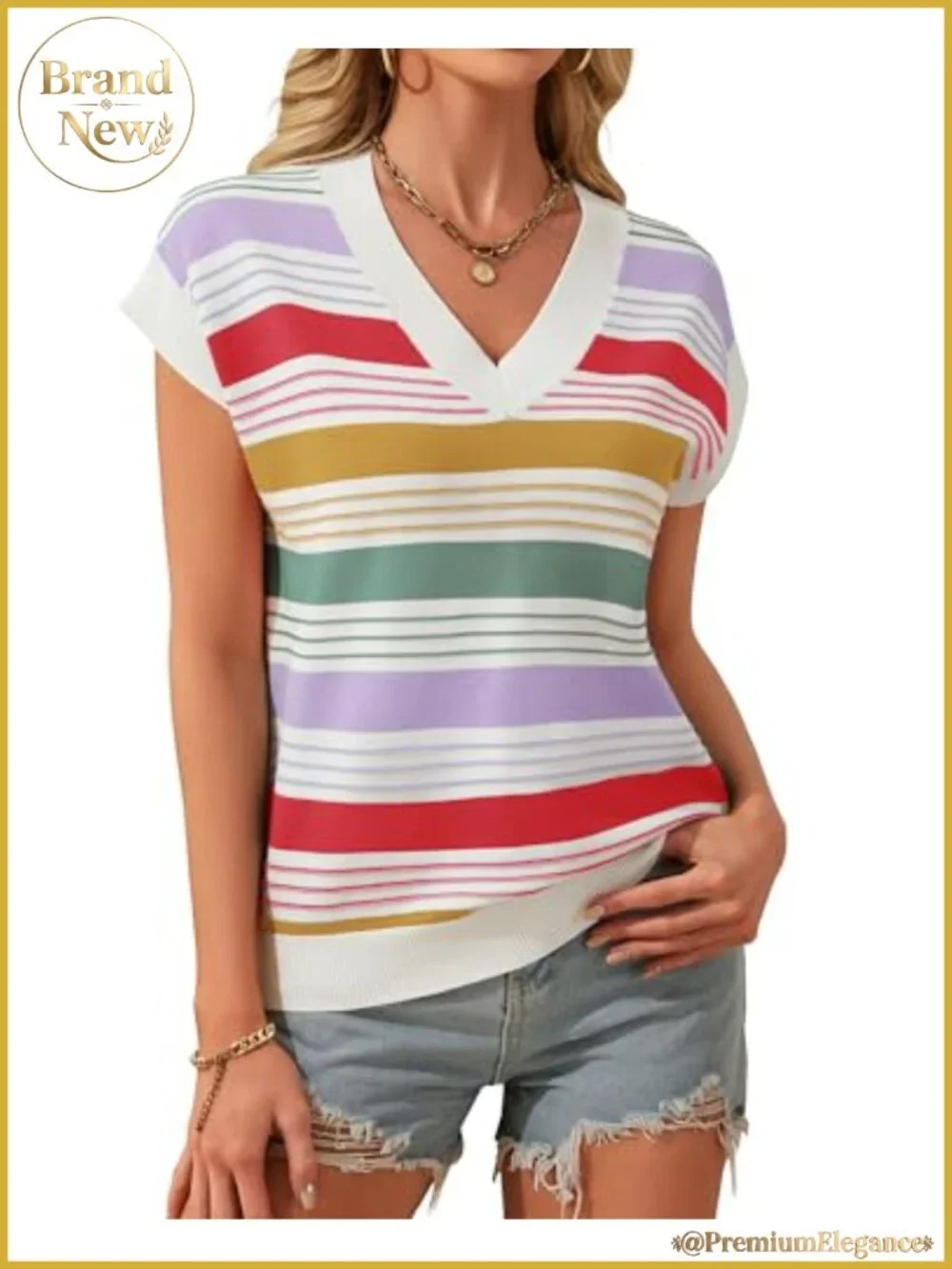 Women's Striped Color Block Cap Sleeve V Neck Knit Pullover Vest Top